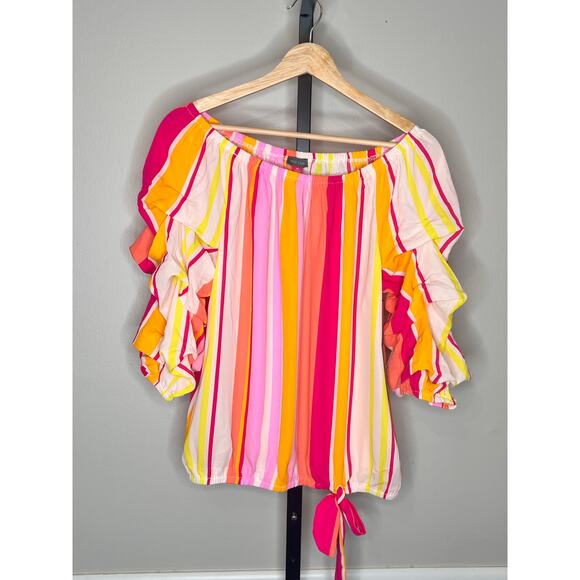Vince Camuto Striped Off The Shoulder Bubble Sleeve Tie Front Blouse Multi M NWT - Picture 4 of 7